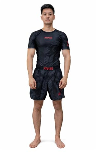 X RAGE Men's Athletic Two-Piece Swimwear Set, Black with Abstract Wave Pattern, Performance Stretch Fabric, UPF 50 UV Protection (UK, Alpha, M, Regular, Regular, Big Boys, Black)