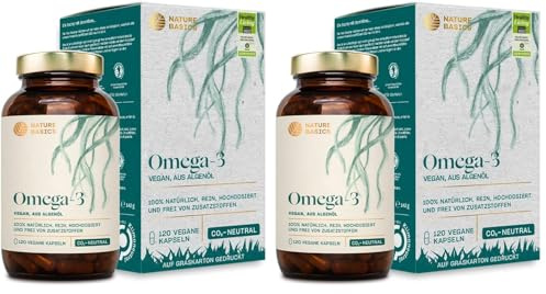 Nature Basics® Algae Oil Omega 3 vegan | 120(!) capsule altamente dosate in un barattolo | Per capsula naturale 455mg con 30% DHA & 15% EPA (Confezione da 2)