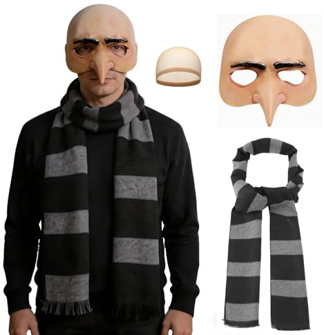 TANTAKO 3 st svart och grå randig halsduk med latex näsa mask och peruk keps för män halloween skurk kostym tillbehör