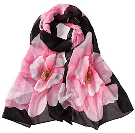 E-Clover Women Soft Floral Print Shawl Chiffon Sheer Scarf Mothers Day Gift (A-Black&Pink)