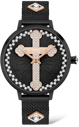 Police Damenuhr Quarz Edelstahl Schwarz mit Glaskristallen 36mm, Ziffernblatt Schwarz-Rosegold, Wasserdicht 3 bar, PL16031MSB.02MMA