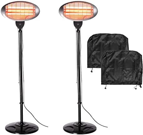 Heatlab 2kW Quartz Bulb Freestanding Electric Patio Heater with Protective Covers Set of 2