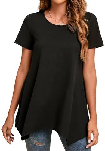 Enmain Nero Maglietta Lunga Donna Floreale con Scollo Tondo Camicetta Ampia Tunic Top Camicia Donna Manica Corta Bluse e Camicie da Donna XXL