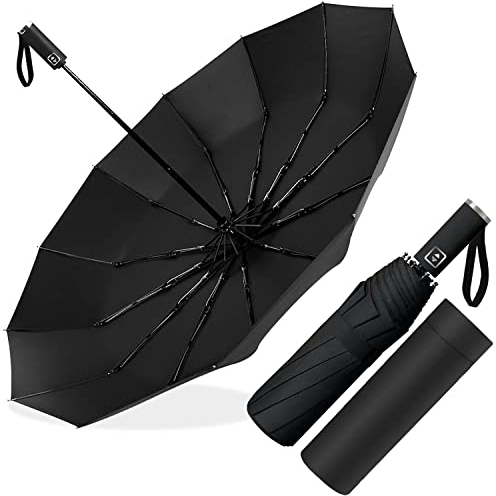 Poligono Regenschirm Sturmfest, Taschenschirm Automatisch Auf und Zu für Herren und Damen, kompakt, 12 Knochenschirm Groß, Durchmesser 105 cm (Schwarz)