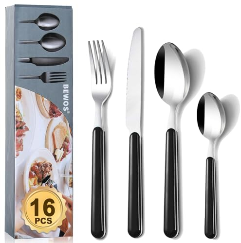 BEWOS 16 Piece Cutlery Set, Service for 4, Kitchen Cutlery Sets,Black Forks Knives and Spoons Set, Stainless Steel Flatware Serving Set for Home, Party