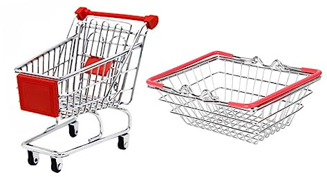 VICASKY 1 Set Mini Shopping Cart Trolley and Shopping Basket,Kids Cute Miniature Shopping Cart Stainless Metal Make Up Holder Rack Storage for Desktop Decoration