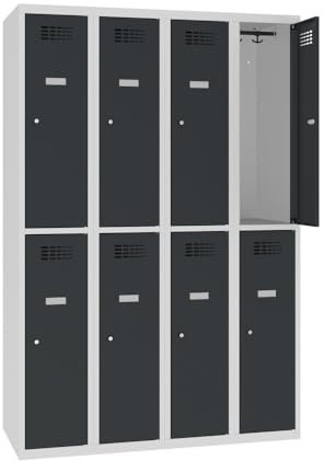 Steinbock Spind bodenstehend | 8 Fächer | HxBxT 180 x 120 x 50 cm | abschließbar | Zylinderschloss | Anthrazit | Metallspind inkl. Kleiderstange, Kleiderhaken, Namensschild