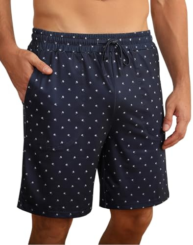 Demegimi Short Pyjama Homme Homme Coton Pantalon Shorts avec Poches Bermuda Court Bas de Pyjama Homme de Nuit Élastique Ajustable Pyjama Short à Motif(Bleu Foncé,XL)