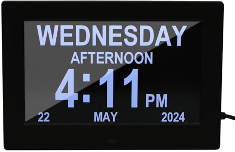 ALLOMN Grande Orologio Digitale con Calendario del Giorno, Orologio da 7 Pollici per Demenza con Giorno e Data per Anziani, Orologio per Alzheimer con 12 Opzioni di Allarme per Anziani, Ipovedenti