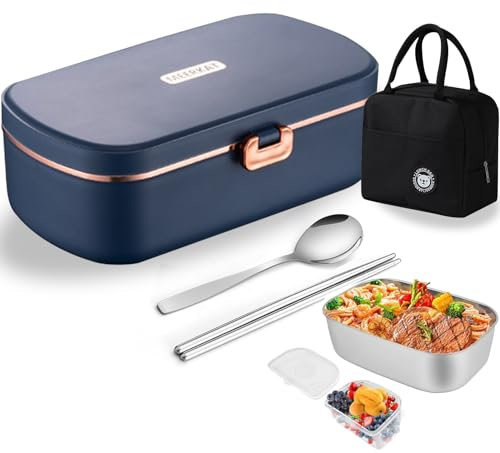 Scaldavivande Elettrico Portatile con Borsa Frigo e Posate,Porta Pranzo da Ufficio e Auto,Lunch Box Portavivande Termico Elettronico Portatile in Acciaio Inox,Blu