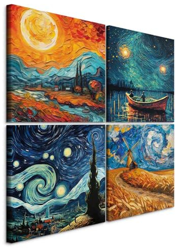 B&D XXL - Set di 4 Quadri Componibili Notte Stellata Stile Van Gogh 40x40 cm Ciascuno delle Dimensioni di 20x20cm - Collage 4 Pezzi - Decorazioni da Parete - Quadro Moderno Decori c-C-10118-b-a