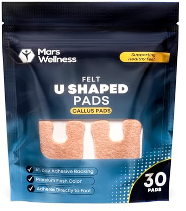Mars Wellness U-Shaped Callus Pads for Feet, 1/4 Thick, Flesh Colored, Pack of 30 with Adhesive Backing - Callus Remover for Feet, Callus Cushions