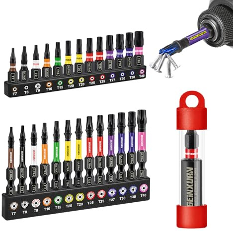 GEINXURN 26tlg. Torx Schrauber Bit Set Schlagfester T7-T40 25mm 50mm Länge, 1/4 zoll Sechskantschaft S2 Legierter Stahl Schrauberbitsatz mit 1tlg. 60mm Magnetische Bit-Halter, Farbcodierte Basis
