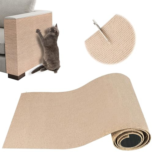Protezione Divano Graffi Gatto, Tappeto Tiragraffi per Gatti Autoadesivo 200x40cm, Riutilizzabile e Tagliabile, Ideale per Divani, Mobili e Pareti, Tiragraffi divano, Sisal e Moquette (Khaki)