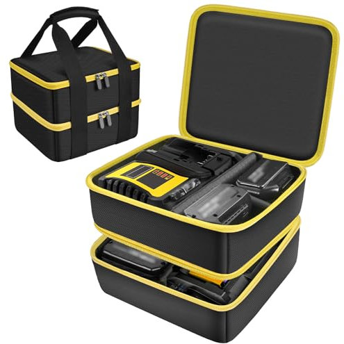 Koffer kompatibel mit Dewalt 20V Max/für Milwaukee/für Makita 12V/18V/40V Lithium-Ionen-Akkus, doppellagige Werkzeugtasche für Ersatzakku und Rapid Optimum Ladegerät mit 10 Trennwänden (Box On