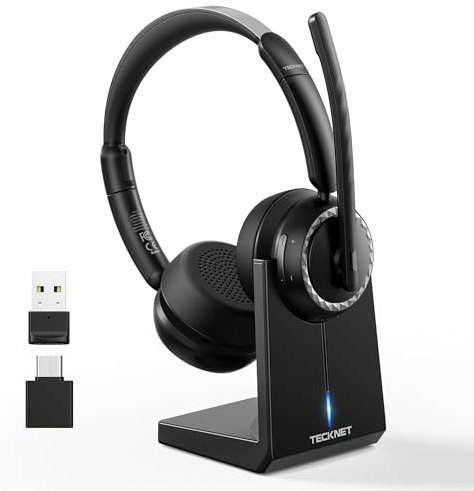 TECKNET V5.3 Bluetooth Headset mit Mikrofon, Wireless Headset mit AI Noise Cancelling Mikrofon, Ladestation, USB-Dongle, 55+ Std. Akku, Wiederaufladbar On-Ear Kopfhörer für Büro, Home, Callcenter