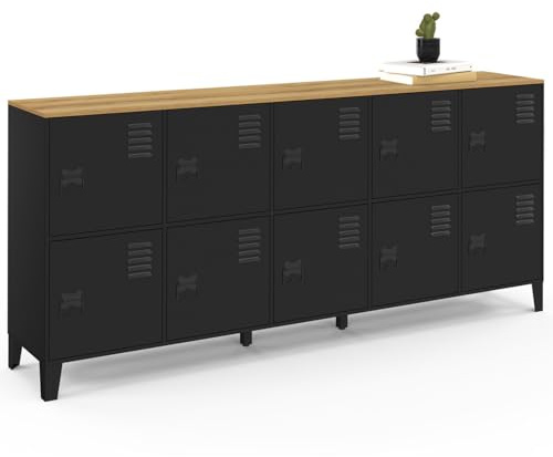 IDMarket - Buffet casier 180 cm Ester 10 Portes en métal Noir Plateau Bois Design Industriel