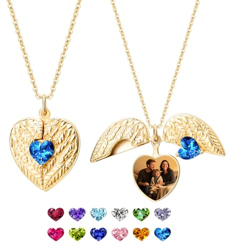 Collier médaillon photo personnalisé avec pierre de naissance en forme de cœur pour femme, collier personnalisé avec pendentif en forme d'ailes d'ange et photo, cadeau pour votre femme ou votre mère