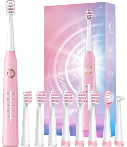 Brosse à dents sonique pour adulte avec 8 têtes de brosse, 40 000 VPM, 5 modes, autonomie de 30 jours et charge rapide, étanche IPX7, rose