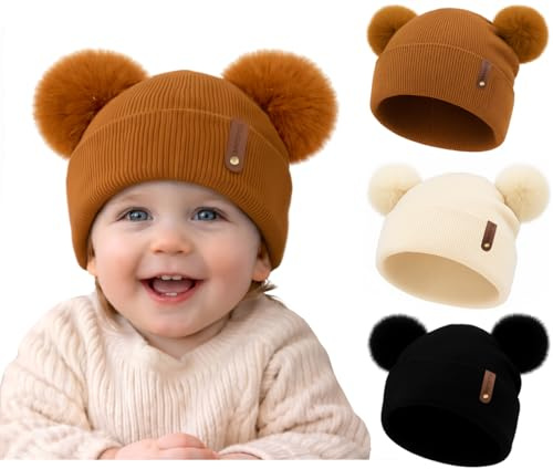 Verxcty Toddler Winter Beanie Hats 3 Pack – Double Pom Pom Soft Knitted Hats for Baby Boys Girls 6–36 Months
