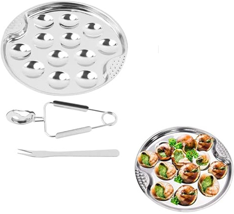 Set of 3 Stainless Steel Snail Plates – Snail Dish with Tongs and Forks, Utensils for Seafood, Clams and Oysters, Kitchen Accessories for Home, Restaurant and Hotel