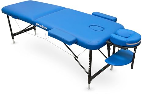 Quirumed WELLCORE Lettino Pieghevole in Alluminio, 185 x 60 cm, Altezza Regolabile, con Braccioli e Borsa per il Trasporto, Colore Blu