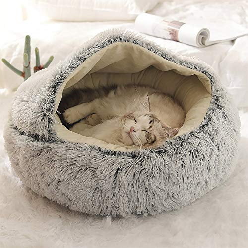 Lit Rond Moelleux pour Chat - en Peluche Douce - avec Capuche - pour l'hiver - Antidérapant - Lavable en Machin,Gris,50 cm