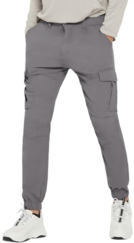 PULI Men's Hiking Cargo Tapered Pants Slim Fit Stretch Jogger Cycling Waterproof Outdoor Trousers with Pockets Grey 34
