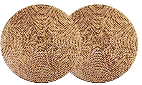 Lot de 2 Sets de Table en Rotin Naturel Tissé à la Main Coussin Résistant à la Chaleur Trépied(Rond 25x25cm)