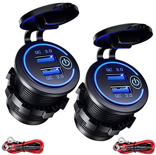 Intckwan 2 Stycken 2 Port USB Car Charger 36W QC 3.0 Snabbladdning Kontakt | VattentäT och DammtäT Laddningskontakt med StröMbrytare och Blå LED för 12v ~ 24v Bil BåT Motorcykel Suv Buss Lastbil Caravan