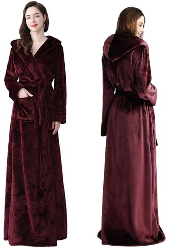 Oksun Accappatoio lungo da donna, lunghezza intera, soffice, taglie forti, in pile, con cappuccio, caldo accappatoio invernale, Rosso, 8-10
