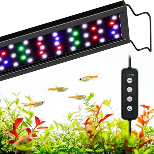 AQQA Luz de acuario de espectro completo para plantas, 3 modos + temporizador + brillo ajustable, cuentas LED de alto brillo con soportes extensibles para agua dulce, 14W