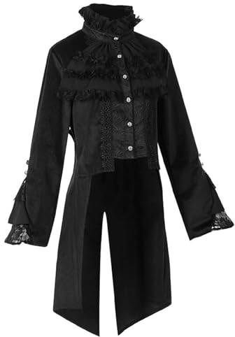 Veste steampunk pour femme - Manteau gothique long - Costume d'Halloween - Vêtement médiéval - Noir - Trench avec dentelle - Jupe de marche - Veste de carnaval - Costume Renaissance - Costume