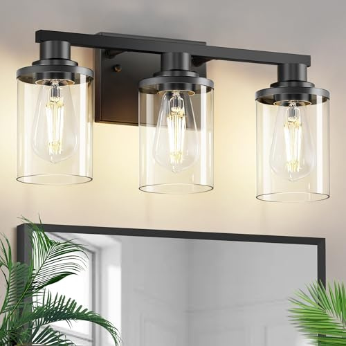 L LOHAS LED 3-Light Bathroom Vanity Light, 17 Inch Matte Black Bathroom Lighting with Clear Glass Shade, Modern Vanity Light Fixtures Over Mirror for Living Room, Hallway