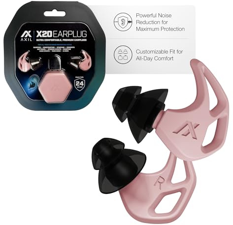 AXIL X20 Noise Reduction Ear Plugs - Pink - Customizable Fit Hearing Protection for Sleeping, Festivals, Live Events and Sports – 24dB Reusable Foam and Silicone Eartips with Carrying Case