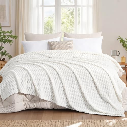 Aisbo Gosig filt, fluffig filt, vit – fleecefilt 230 x 270 cm som sofföverdrag, mjuk, mysig jättefilt för vardagsrum, dekoration, filt, tjock varm plyschfilt