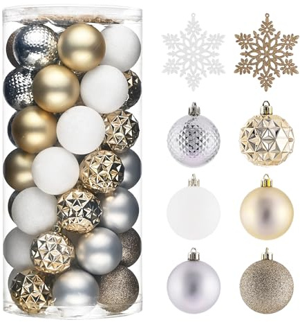Valery Madelyn 50pcs Weihnachtskugeln Kunststoff mit Aufhänger,5cm Weiß Gold Weihnachtsbaumschmuck für Weihnachtsdeko,mit Bruchsicher Schneeflocken Hängende,Deko Weihnachten