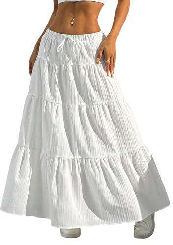 Xuani Maxi Skirts for Women Ruffle Hem A Line Long Skirts Elastic Waist Elegant Tiered Layer Boho Long Dress White