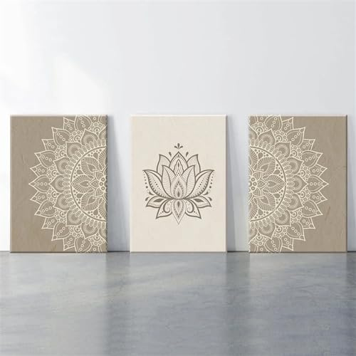 Decoración Pared, Juego de 3-Arte de Pared Abstracto Nórdico Con Mandala Bohemio Beige Impresiones en Lienzo El Hogar Dormitorio Sala Estar Oficina Dormitorio Decoración Habitación/40*50Cm (Sin Marco)