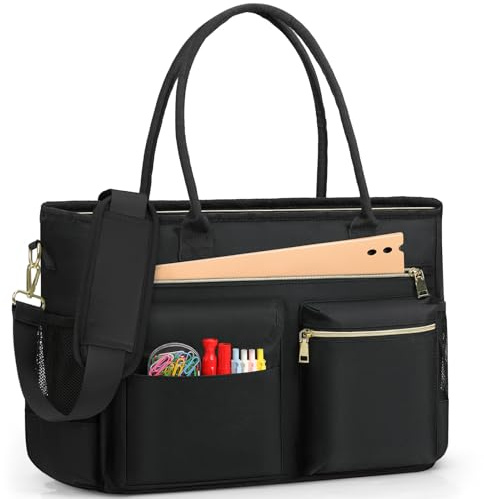 RAINSMORE Laptop Tote Bags for Women 15.6 inch Teacher Bag Large Nurse Utility Bag Computer Messenger Briefcase with Insulated Pocket for Work School Office Business University Black