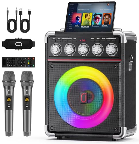 Karaoke Machine for Adults with 2 Wireless Microphones, Portable Bluetooth 5.3 Speaker with Bass/Treble/Echo Adjustment, PA System with Remote Control, Supports TWS/TV/TF Card/USB/AUX (Black)