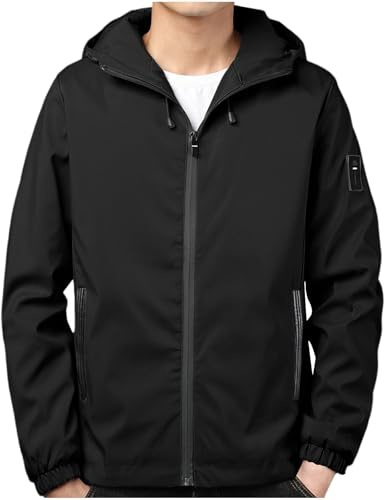 Waterproof Jacket Mens Hooded Lightweight Windbreaker Full Zip Rain Jackets with Hood Plain Colour Drawstring Raincoat Outdoor Active Coats for Walking Cycling Travel Tall