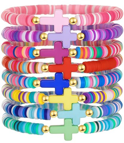 Happtkey 8 Piezas Pulseras con Cruz de Jesús, Estilo Bohemio Arcoíris Hechas de Arcilla Polimérica Elásticas con Cuentas Pulseras Hechas a Mano Joyería Religiosa Inspiradora Regalo para Mujer