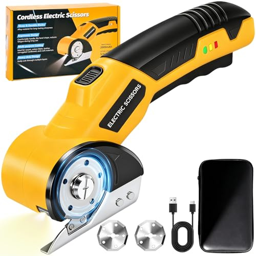 Tijera Electrica Tijeras Electricas Costura profesional con 2 Cuchillas, 3.6V Cortador de Tela Bloqueo de Seguridad Luz LED para Cortar Cartón Cuero Alfombra Plástico Planta en Maceta Cutter Electrico