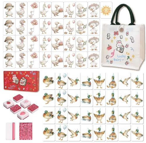 Gueiddi Mahjong Block Set, 65 pcs vita Mahjong Game Set with Handbag, Portable Travel Mahjong Set for Spring Picnic, Party Gift, Seaside Game & Beach Block Games(Mallard Duck Theme)