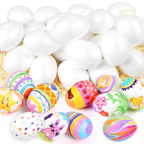 SULOLI 50 Piezas Huevos de Pascua，Huevos Blancos Plásticos，Favores de Partido Huevos de Plástico para Pintar，Decoración y Bricolaje（6cm）