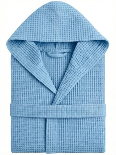 o-day Accappatoio Nido D'Ape Donna e Accappatoio Nido D'Ape Uomo in Cotone con Cappuccio Tasche e Cintura, Leggero e da Viaggio S-XXXL (IT, Testo, XXL, 3XL, Regular, Regular, Celeste)