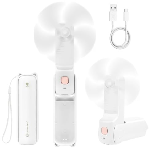 AUAUY Bärbar handhållen fläkt, USB-uppladdningsbar hopfällbar fläkt, vit | Mini tyst, med 3 hastigheter justerbar stark vind, liten fickfläkt med powerbank och ficklampa för resor, utomhus/inomhus