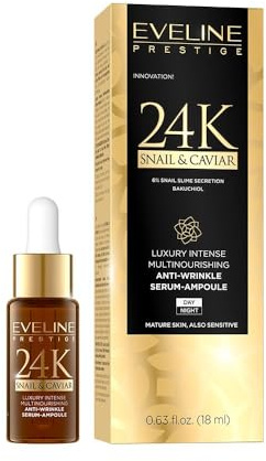 Eveline Cosmetics Prestige 24K Luxus Multi-Nährstoff Anti-Falten Serum Ampulle mit Kolloidalem Gold, Schneckenfiltrat & Bakuchiol - 18ML