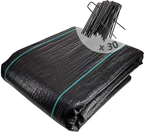 VOUNOT Unkrautfolie mit 30 Erdanker, 2mx10m, Anti-Unkrautgewebe Unterbodengewebe Bändchengewebe, Bodengewebe Wasserdurchlässig und Reißfestes, UV Stabil 100g/m²